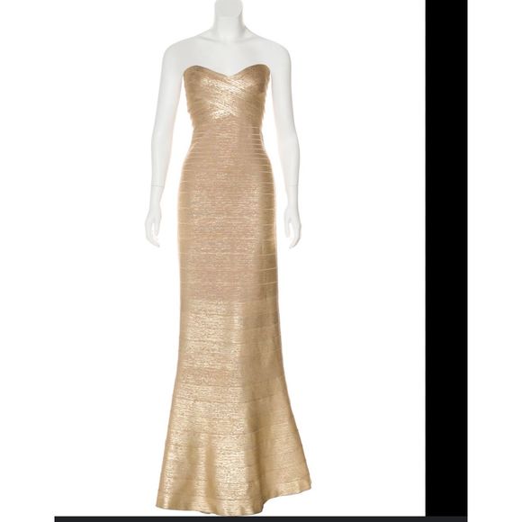 New Herve Leger Sara Fit n Flare Bandage Maxi Dress Gown Gold Foil XS $1799 - Picture 3 of 13